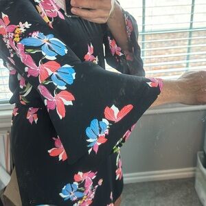 A New Day Black V-Neck Floral Knee Length Dress with Ruffled Sleeves S